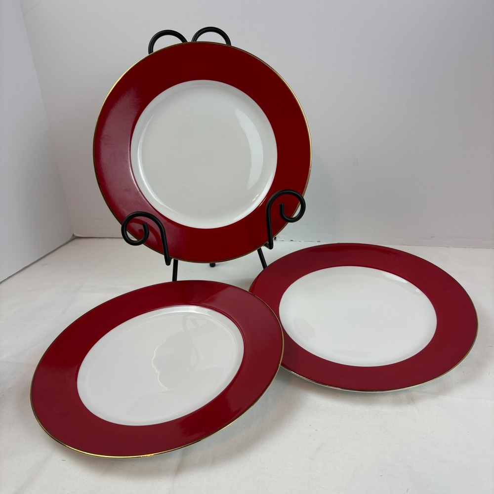 Crate & Barrel Red White Gold Rim Salad Plates Set of 3 Monno Bangladesh 8.25"